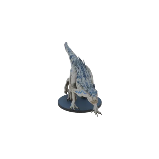Детализированная 3D модель синего велоцираптора в низкой хищной позе на черном фоне.