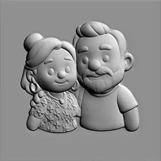 3D модель барельефа "Счастливая пара пожилых людей", изображающая пожилую пару, обнимающуюся с улыбками.