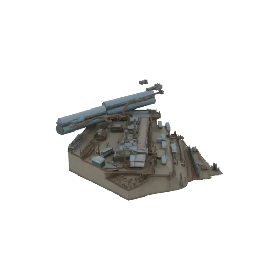 3D рендер детализированного промышленного комплекса с большой ракетной установкой на платформе на черном фоне.