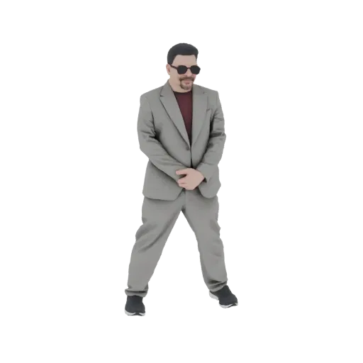 3D модель мужчины в сером костюме, бордовой рубашке и черных очках, стоящего со скрещенными руками.