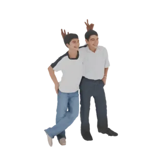 3D модель двух мальчиков, стоящих вместе, оба показывают руками знак мира.