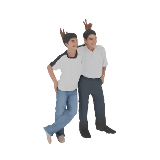 3D модель двух мальчиков, стоящих вместе, оба показывают руками знак мира.