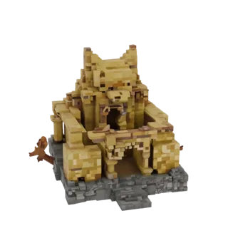 3D модель золотого храма Кицунэ в стиле Minecraft, с каменным фундаментом и детализированной архитектурой.