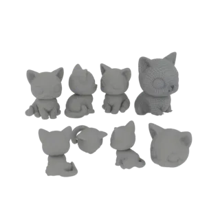 Коллекция из 7 милых, стилизованных 3D моделей котят в различных сидячих позах, представленная на белом фоне.