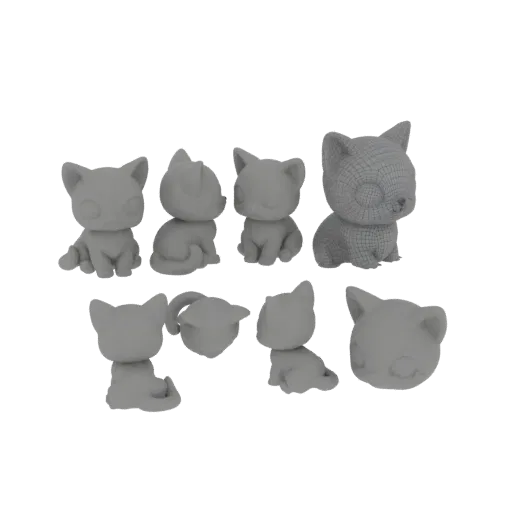 Коллекция из 7 милых, стилизованных 3D моделей котят в различных сидячих позах, представленная на белом фоне.
