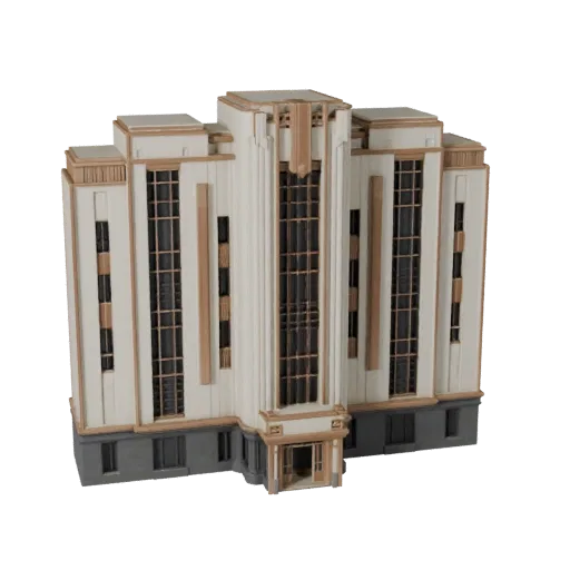 Печатная STL 3D модель фасада в стиле ар-деко, изометрический вид, показывающий материалы фасада здания и архитектурные детал