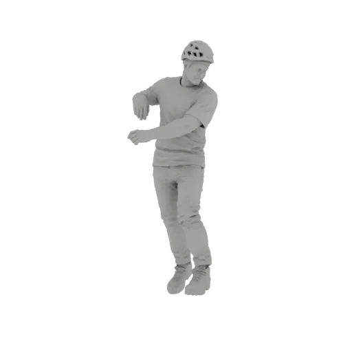 3D модель молодого человека в шлеме и повседневной одежде, запечатленная в динамичной позе в движении.