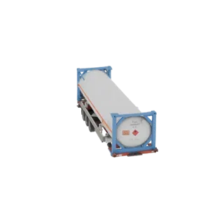 3D модель белого ISO танк-контейнера на трейлере с синей рамой и несколькими колесами, вид под небольшим углом сверху.