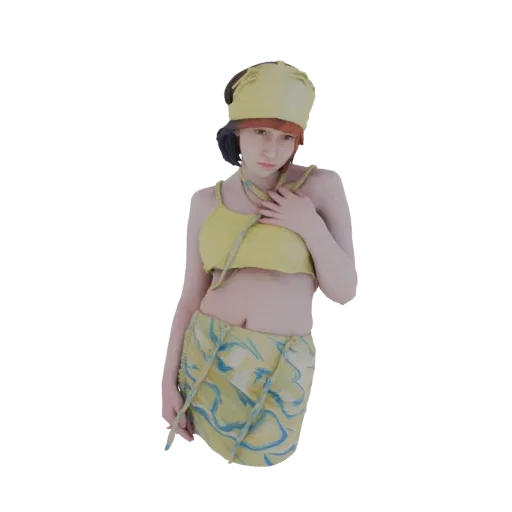 3D модель молодой женщины в желтом бикини, желтой шляпе и парео с узором, рука на груди.