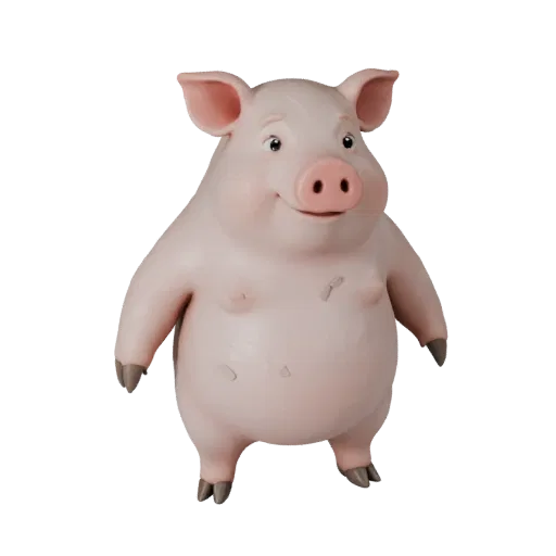 3D-модель мультяшной свиньи, вид сбоку, стилизованный ассет животного с балансом позы, анатомическими подсказками, зонами мат