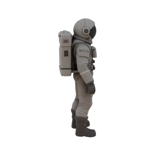 Печатаемая 3D модель скафандра, изометрический STL рендер, показывающий светящиеся полосы, сильный силуэт объекта.