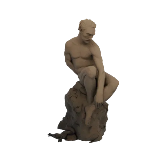 3D модель мужской ню скульптуры, сидящей на скале, с детализированной мускулатурой и задумчивой позой.