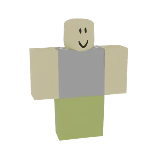 3D-модель классического персонажа Roblox Noob с бежевой головой и руками, серым торсом и зелеными ногами, улыбающаяся.