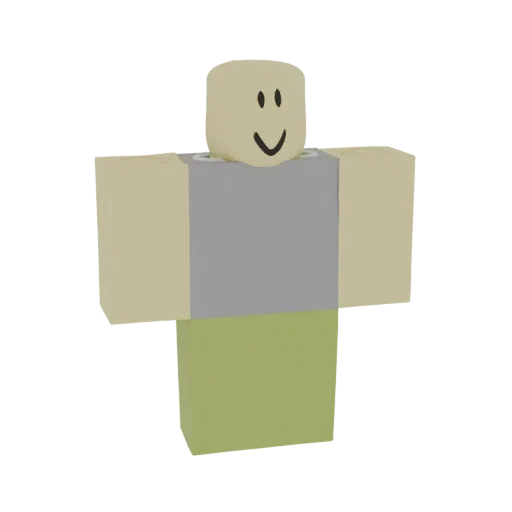 3D-модель классического персонажа Roblox Noob с бежевой головой и руками, серым торсом и зелеными ногами, улыбающаяся.