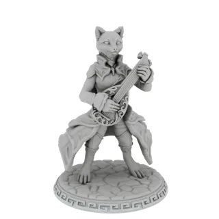 3D модель серого кошачьего персонажа барда, играющего на лютне, стоящего на каменном основании с узором греческий ключ.