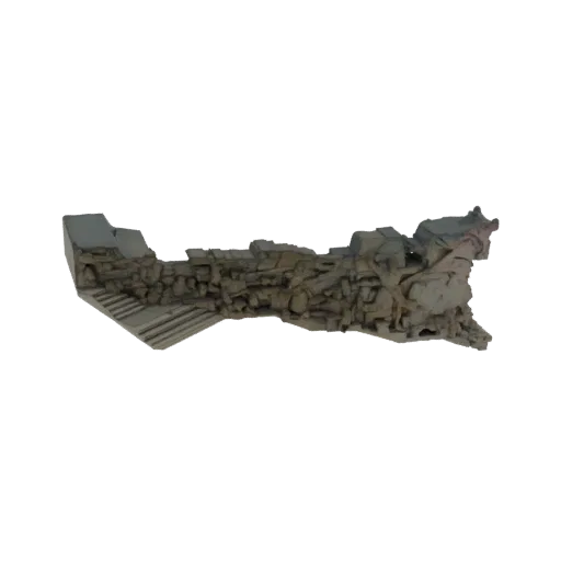 3D модель выветренного древнего каменного фрагмента стены с обрушившейся кладкой и сломанной лестницей.