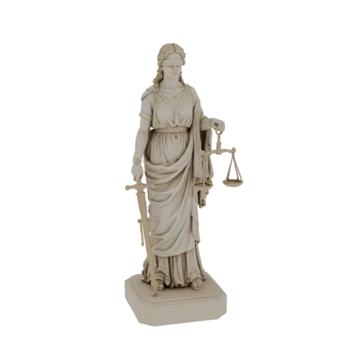 3D модель статуи Леди Юстиции с повязкой на глазах, с весами и мечом, на пьедестале.