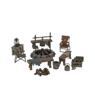 3D модель сцены деревенского кемпинга с каменным костром, деревянной скамьей, стулом, фонарями и дровами.