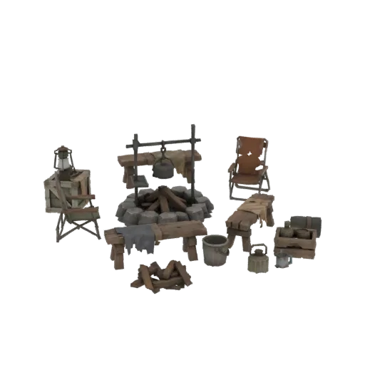 3D модель сцены деревенского кемпинга с каменным костром, деревянной скамьей, стулом, фонарями и дровами.