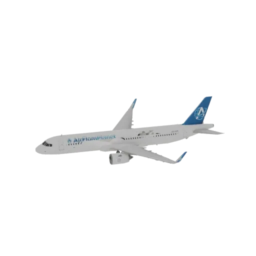 3D модель белого пассажирского самолета AirflomPlanet с синими акцентами, изолированная на белом фоне.