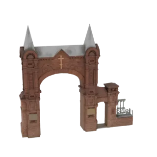 3D модель витиеватой, состаренной кирпичной арки кладбища с крестом наверху, обрамленной шпилями и меньшей прилегающей структ