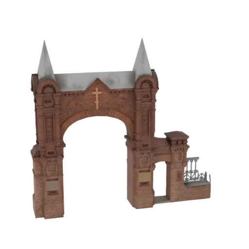 3D модель витиеватой, состаренной кирпичной арки кладбища с крестом наверху и небольшим прилегающим сооружением с перилами.