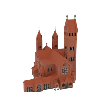 3D модель краснокирпичной церкви в стиле неоготики с высокими шпилями и арочными окнами, вид под небольшим углом.