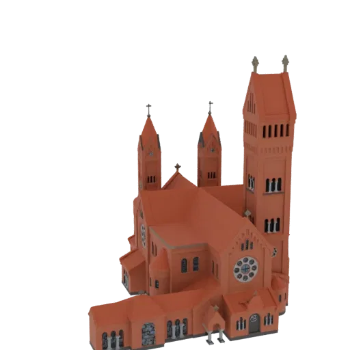 3D модель краснокирпичной церкви в стиле неоготики с высокими шпилями и арочными окнами, вид под небольшим углом.