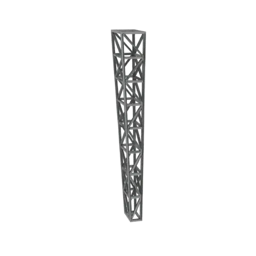 3D модель серой конической ферменной башни с решетчатой конструкцией, вид с нижнего ракурса на белом фоне.