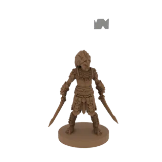 3D модель фэнтезийного воина в племенной броне с парными мечами, стоящего на круглой подставке.