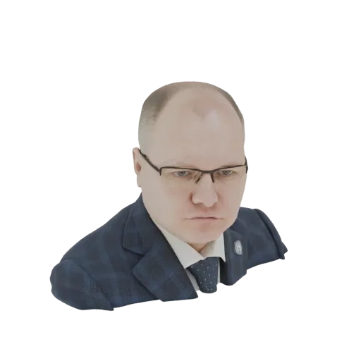 3D модель серьезного мужчины в синем клетчатом костюме и очках, смотрящего прямо на зрителя.