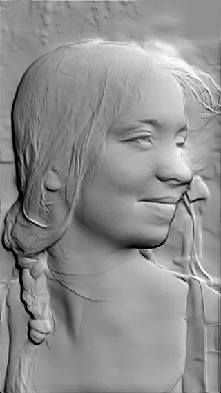 3D модель барельефа девочки с косой, вид в профиль, с заплетенной косой, детализированная текстура волос