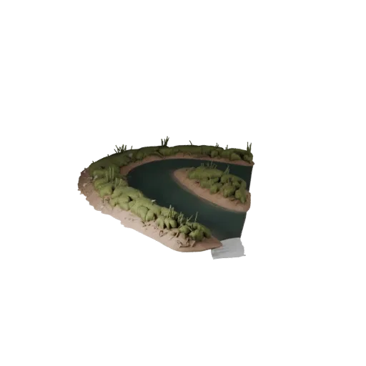 Реалистичная 3D модель Marsh Creek Bend, рендер окружения в трехчетвертном ракурсе, показывающий мокрый камень, грязевые отме