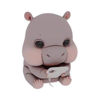A cute, cartoon-style 3D model of a gray hippo with pink cheeks, sitting and playing a white mobile phone.
