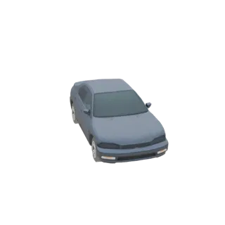 3D модель элегантного светло-голубого седана, вид спереди под углом три четверти на белом фоне.