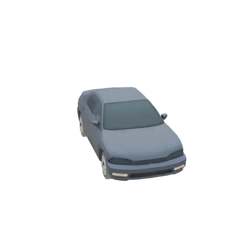 3D модель элегантного светло-голубого седана, вид спереди под углом три четверти на белом фоне.