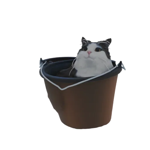 3D модель черной и белой кошки в коричневом ведре, смотрящей на зрителя.