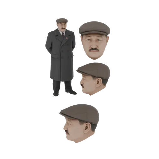 3D модель мужчины в сером двубортном пальто и коричневой кепке, с отдельными видами головы.