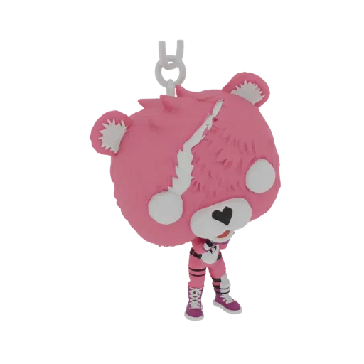 3D модель розового медведя Cuddle Team Leader из Fortnite с трещиной в виде белой полосы на лице и в розовом костюме.