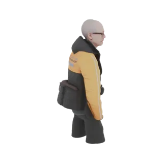 Рендер 3D модели пожилого мужчины сбоку, в желто-серой куртке и с темной сумкой через плечо.