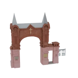 3D модель витиеватой краснокирпичной арки с золотым крестом и прилегающей конструкцией ворот на белом фоне.