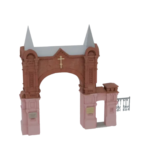 3D модель витиеватой краснокирпичной арки с золотым крестом и прилегающей конструкцией ворот на белом фоне.