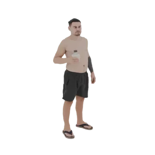3D модель мужчины в темных плавках с белой бутылкой воды, с татуировками на левой руке.