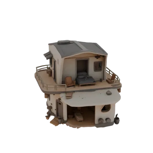 3D модель двухэтажного пустынного домика с открытой дверью и окнами, демонстрирующая детализированный интерьер с мебелью.