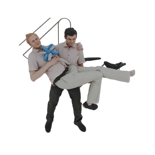 3D-модель мужчины, несущего другого мужчину с синим воздушным шаром, с реалистичной детализацией.
