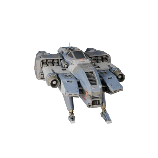 3D-модель космического корабля, вид спереди три четверти, вьюпорт Unity, с светящимися полосами, четкий силуэт объекта.