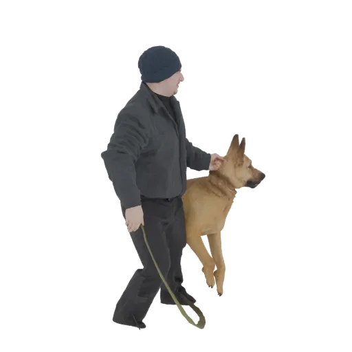 3D модель мужчины в темной шапке и куртке, держащего светло-коричневую собаку.