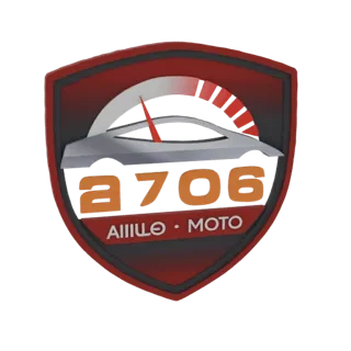 3D model render of the A706 car emblem, featuring a silver car silhouette, speedometer, and red shield border.