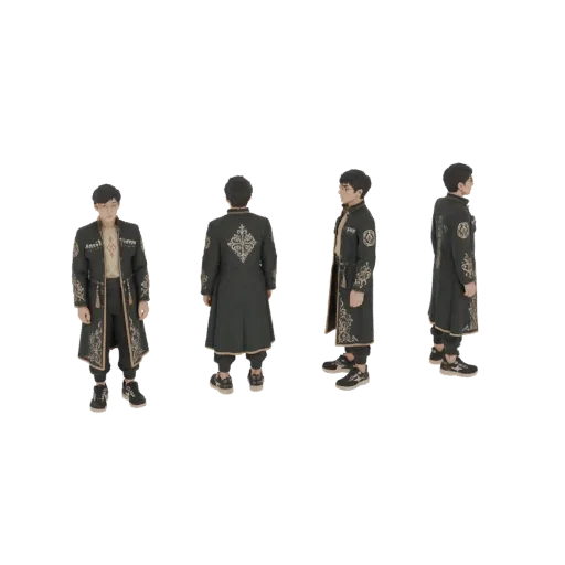 3D модель темно-зеленого традиционного пальто с изысканной золотой вышивкой, показанная под разными углами.