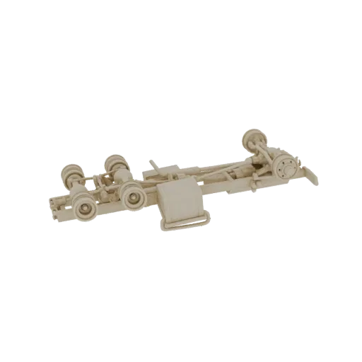 3D модель шасси винтажного грузовика с двойной задней осью, топливным баком и подвеской, вид сбоку.